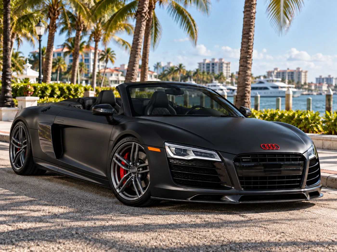 Black Audi R8 Spyder with the roof down, parked under palm trees by a marina